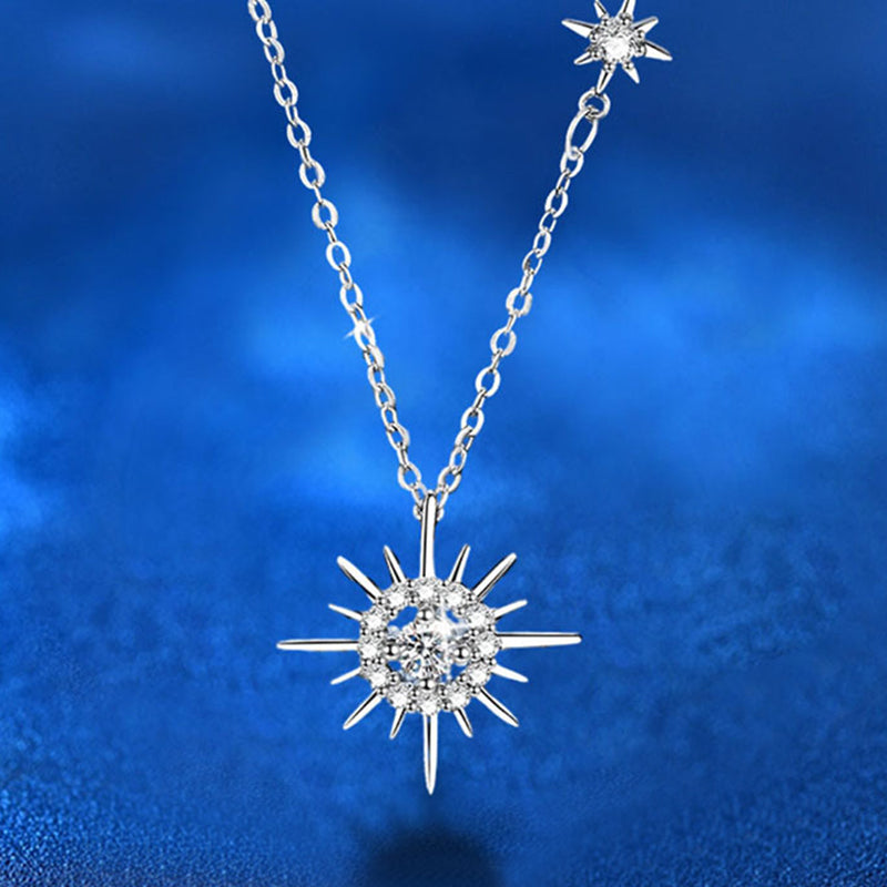 925 Sterling Silver Sun Star Pendant Necklace with Moissanite and Zircon Cross Chain Women's Rhodium Plated Chic Jewelry