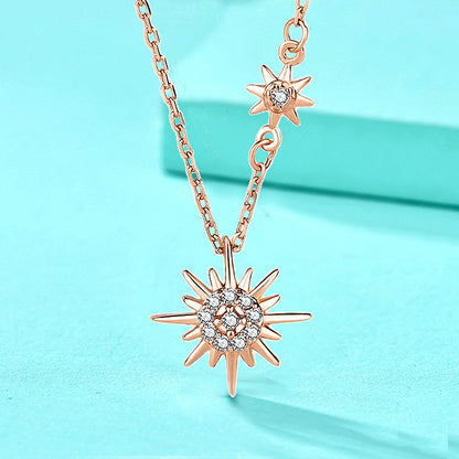 925 Sterling Silver Sun and Star Pendant Necklace with Zircon Cross Chain Women's Nature Inspired Jewelry