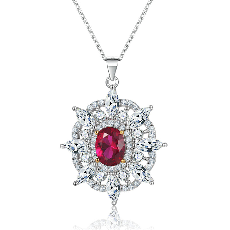 925 Sterling Silver Sunburst Octagram Pendant Necklace - Red Zirconia & Gemstone Collarbone Chain