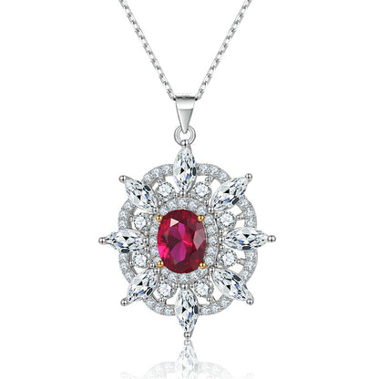 925 Sterling Silver Sunburst Octagram Pendant Necklace - Red Zirconia & Gemstone Collarbone Chain
