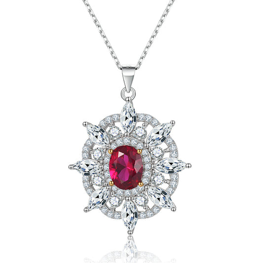 925 Sterling Silver Sunburst Octagram Pendant Necklace - Red Zirconia & Gemstone Collarbone Chain