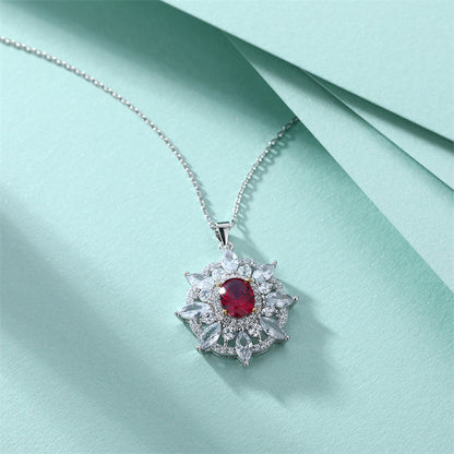 925 Sterling Silver Sunburst Octagram Pendant Necklace - Red Zirconia & Gemstone Collarbone Chain