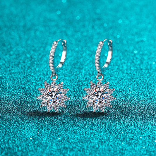 925 Sterling Silver Sunflower Moissanite Hoop Earrings - PT950 Gold Plated Floral Ear Jewelry (0.5ct/1ct per Earring)