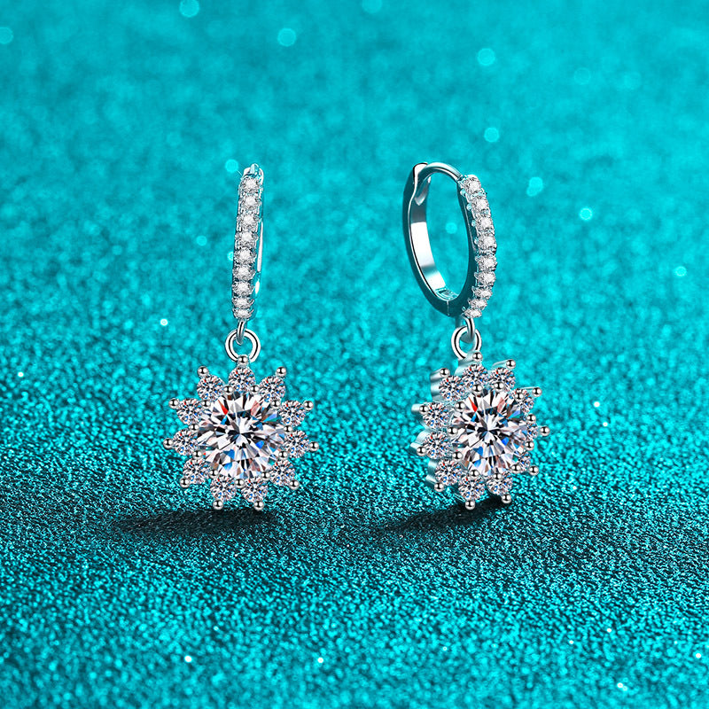 925 Sterling Silver Sunflower Moissanite Hoop Earrings - PT950 Gold Plated Floral Ear Jewelry (0.5ct/1ct per Earring)