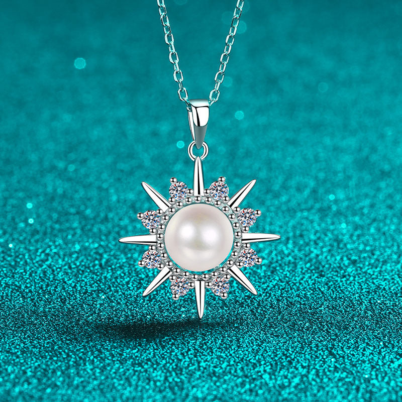 925 Sterling Silver Sunflower Pendant Necklace - 0.32CT Moissanite & 8mm Freshwater Pearl PT950-Plated Chain