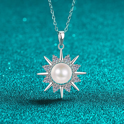 925 Sterling Silver Sunflower Pendant Necklace - 0.32CT Moissanite & 8mm Freshwater Pearl PT950-Plated Chain
