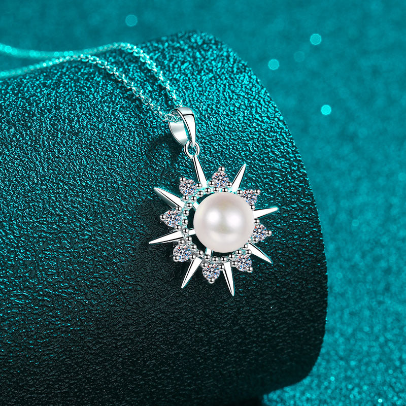 925 Sterling Silver Sunflower Pendant Necklace - 0.32CT Moissanite & 8mm Freshwater Pearl PT950-Plated Chain