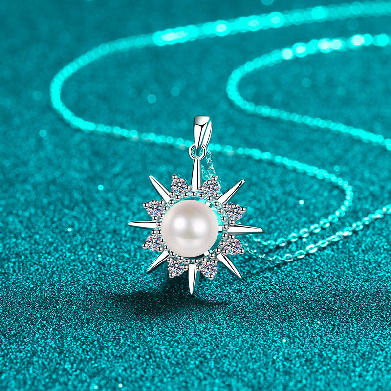 925 Sterling Silver Sunflower Pendant Necklace - 0.32CT Moissanite & 8mm Freshwater Pearl PT950-Plated Chain