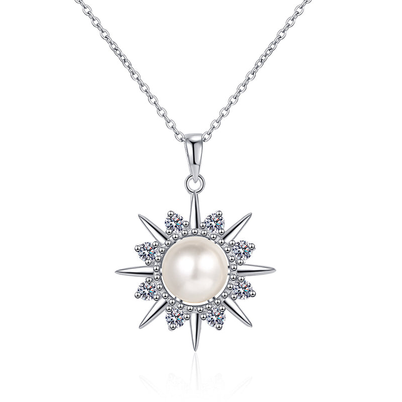 925 Sterling Silver Sunflower Pendant Necklace - 0.32CT Moissanite & 8mm Freshwater Pearl PT950-Plated Chain