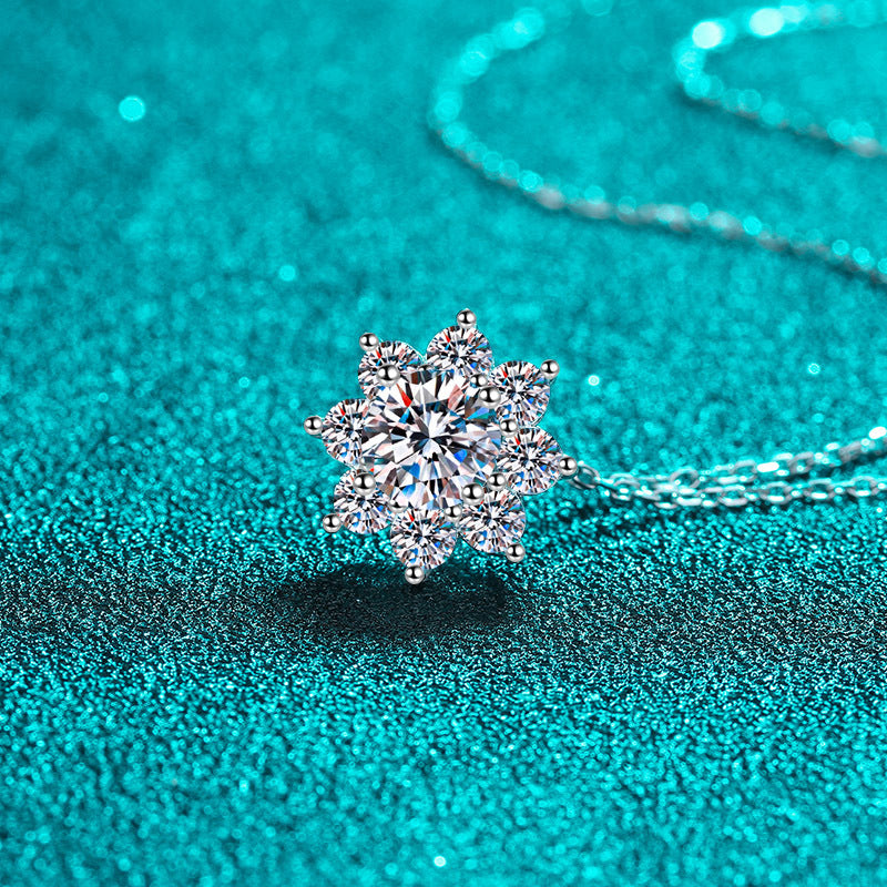 925 Sterling Silver Sunflower Pendant Necklace - 1CT/2CT Moissanite PT950-Plated Collarbone Chain