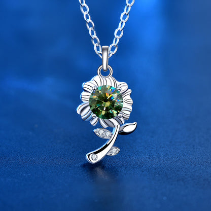 925 Sterling Silver Sunflower Pendant Necklace with 0.5ct Moissanite in Green/White/Champagne Cross Chain Women's Delicate Jewelry