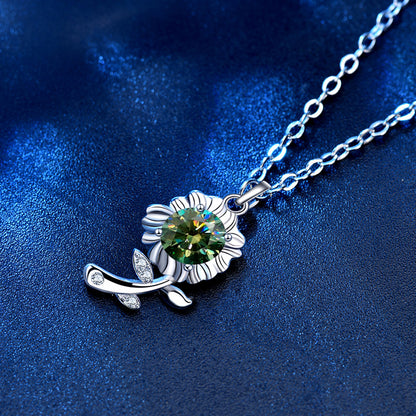 925 Sterling Silver Sunflower Pendant Necklace with 0.5ct Moissanite in Green/White/Champagne Cross Chain Women's Delicate Jewelry