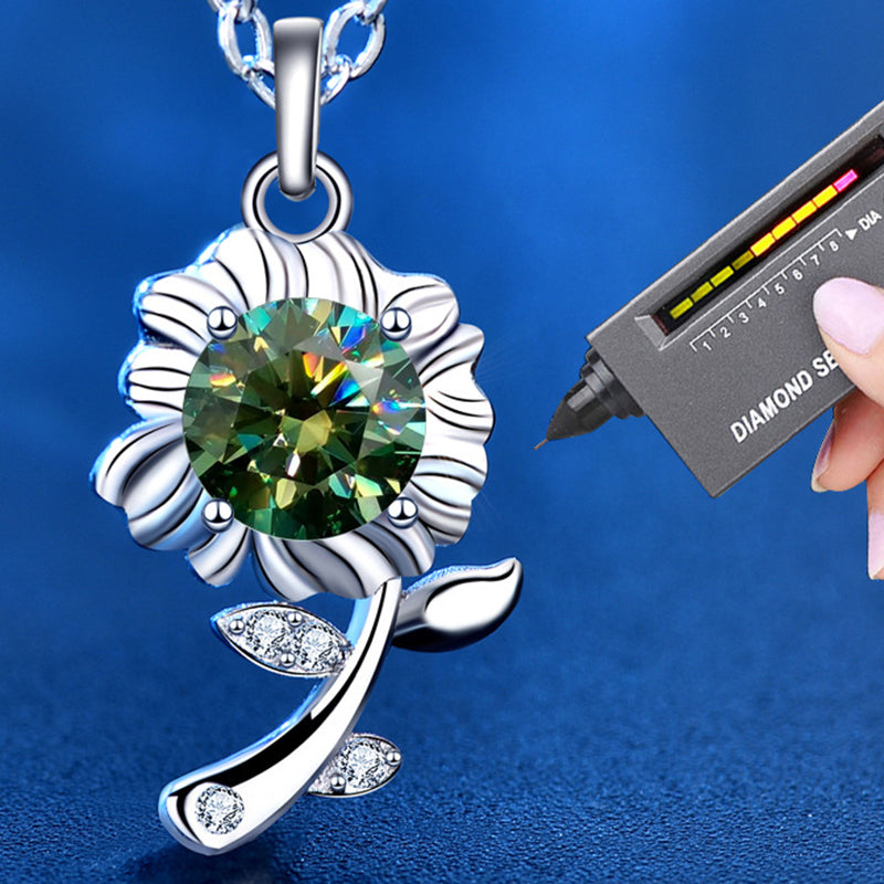 925 Sterling Silver Sunflower Pendant Necklace with 0.5ct Moissanite in Green/White/Champagne Cross Chain Women's Delicate Jewelry