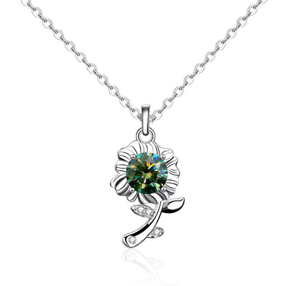 925 Sterling Silver Sunflower Pendant Necklace with 0.5ct Moissanite in Green/White/Champagne Cross Chain Women's Delicate Jewelry