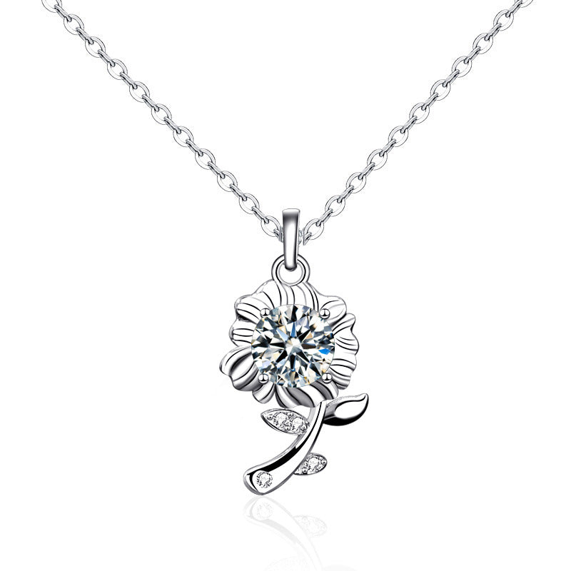 925 Sterling Silver Sunflower Pendant Necklace with 0.5ct Moissanite in Green/White/Champagne Cross Chain Women's Delicate Jewelry