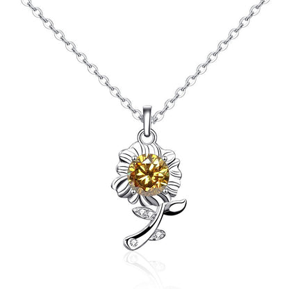 925 Sterling Silver Sunflower Pendant Necklace with 0.5ct Moissanite in Green/White/Champagne Cross Chain Women's Delicate Jewelry