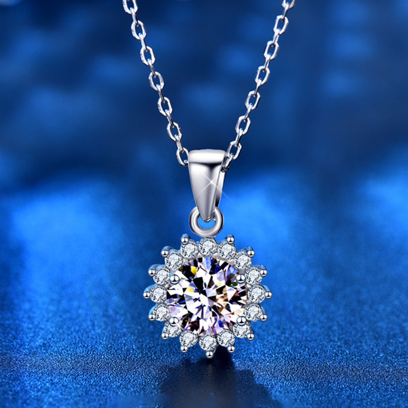 925 Sterling Silver Sunflower Pendant Necklace with 1ct or 4ct D Color Moissanite Cross Chain Women's White or Yellow Gold Plated Jewelry