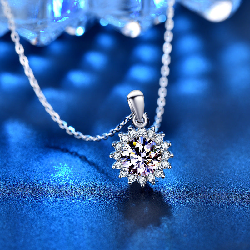 925 Sterling Silver Sunflower Pendant Necklace with 1ct or 4ct D Color Moissanite Cross Chain Women's White or Yellow Gold Plated Jewelry