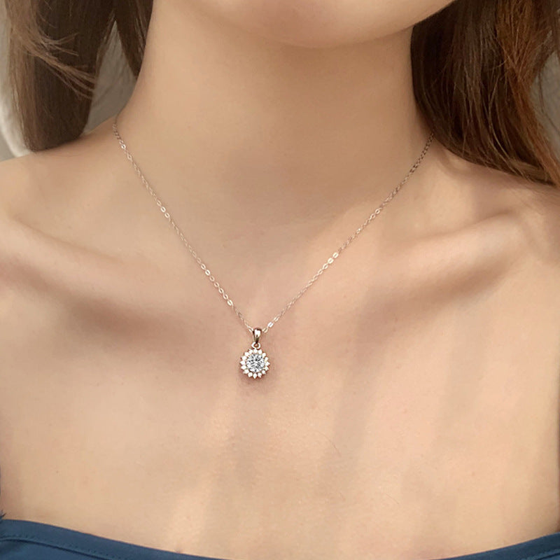 925 Sterling Silver Sunflower Pendant Necklace with 1ct or 4ct D Color Moissanite Cross Chain Women's White or Yellow Gold Plated Jewelry