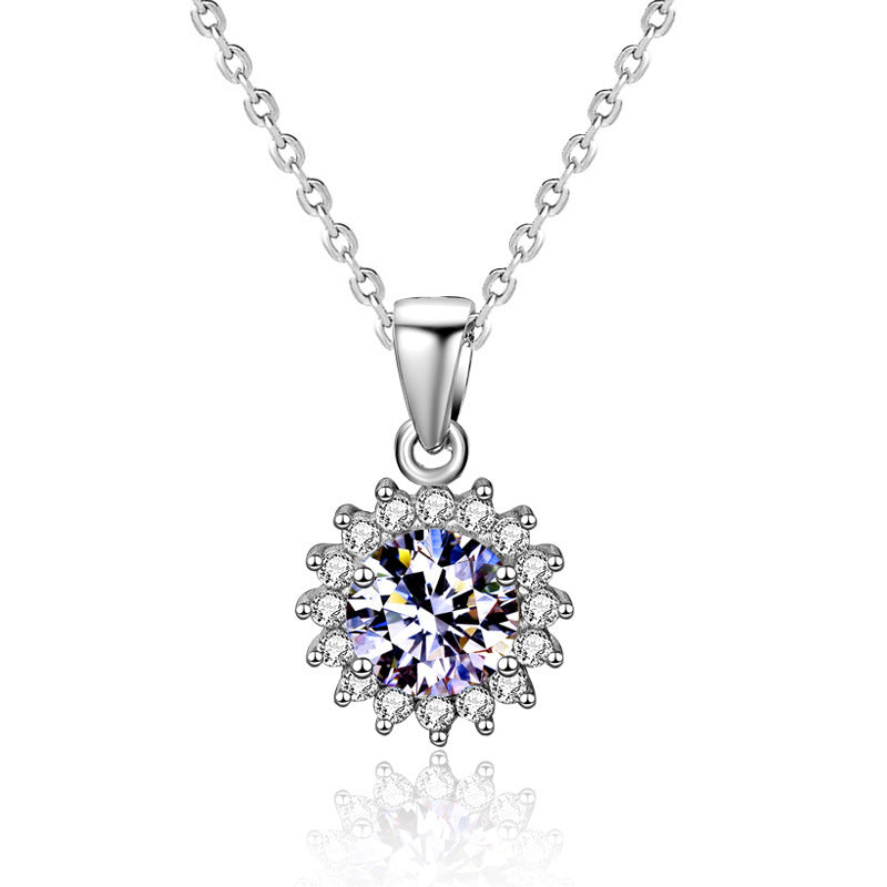 925 Sterling Silver Sunflower Pendant Necklace with 1ct or 4ct D Color Moissanite Cross Chain Women's White or Yellow Gold Plated Jewelry