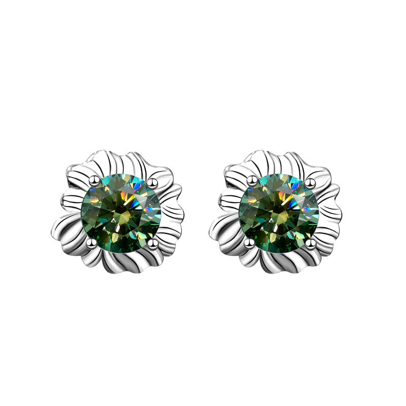 925 Sterling Silver Sunflower Stud Earrings with 0.5ct Green/White/Champagne Moissanite White Gold Plated Luxury Jewelry for Women