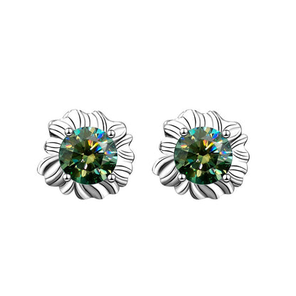 925 Sterling Silver Sunflower Stud Earrings with 0.5ct Green/White/Champagne Moissanite White Gold Plated Luxury Jewelry for Women