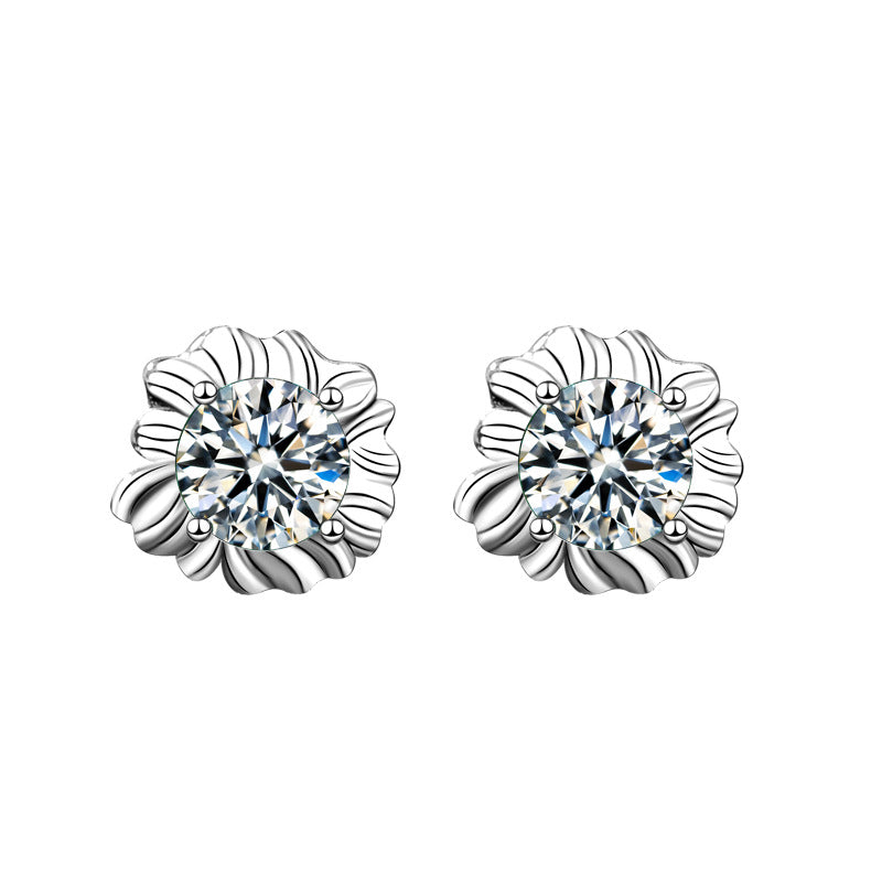 925 Sterling Silver Sunflower Stud Earrings with 0.5ct Green/White/Champagne Moissanite White Gold Plated Luxury Jewelry for Women