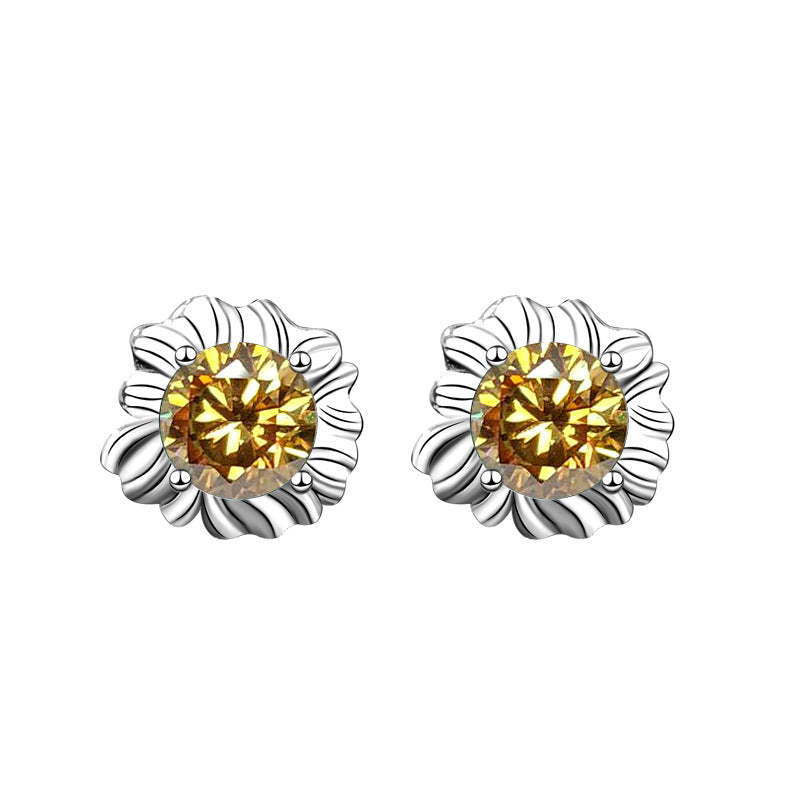 925 Sterling Silver Sunflower Stud Earrings with 0.5ct Green/White/Champagne Moissanite White Gold Plated Luxury Jewelry for Women