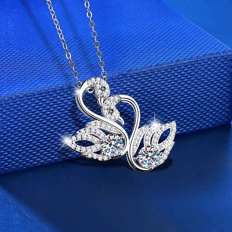 925 Sterling Silver Swan Pendant Necklace with 0.5ct Moissanite Cross Chain Rhodium Plated Women's Elegant Jewelry