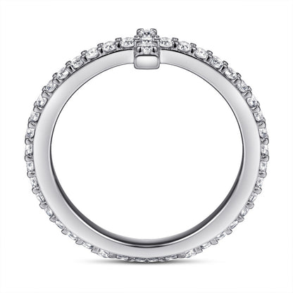 925 Sterling Silver T-Bar Ring – Full Pavé Zircon Cross-Over Statement Ring