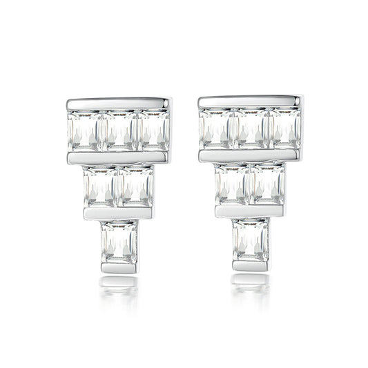 925 Sterling Silver T-Square Earrings for Women Minimalist Zircon Stud Earrings White Gold Plated