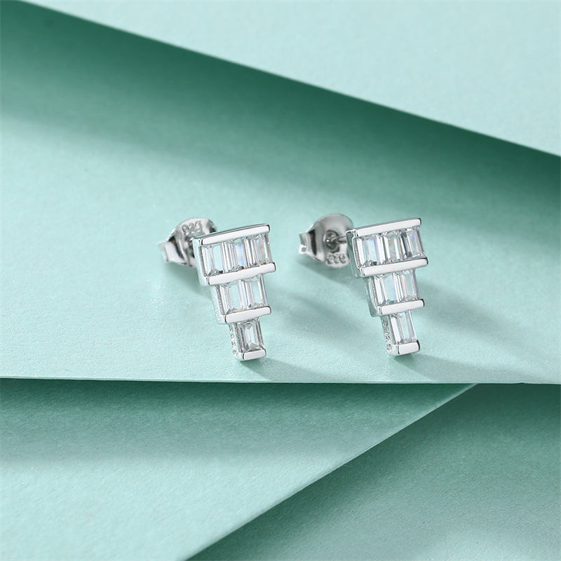 925 Sterling Silver T-Square Earrings for Women Minimalist Zircon Stud Earrings White Gold Plated