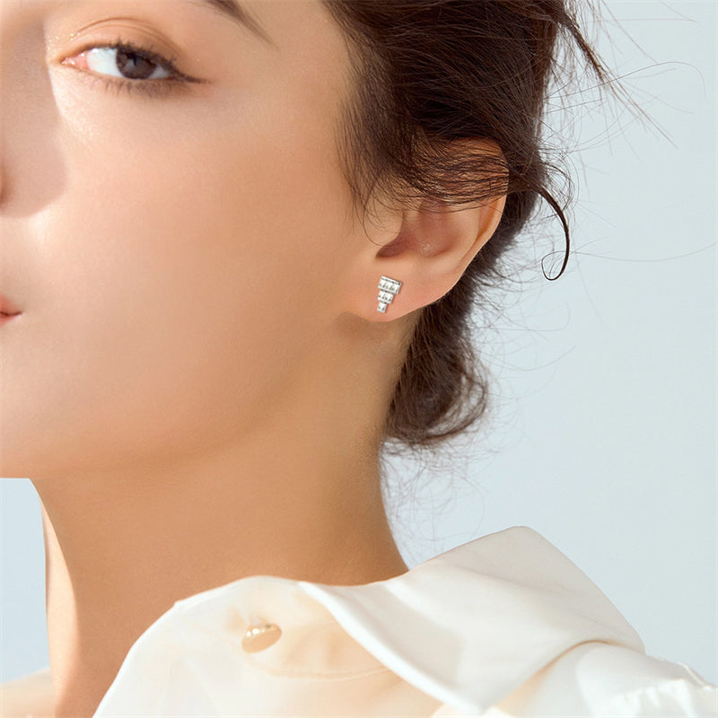 925 Sterling Silver T-Square Earrings for Women Minimalist Zircon Stud Earrings White Gold Plated