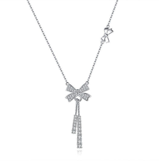 925 Sterling Silver Tassel Bow Pendant Necklace - Elegant Zirconia Accented Collarbone Chain