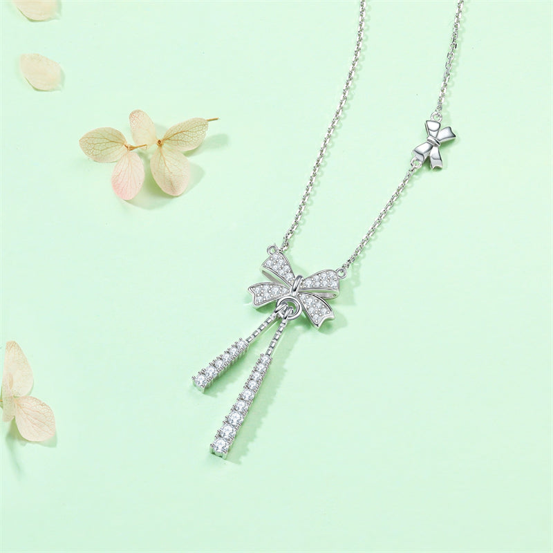 925 Sterling Silver Tassel Bow Pendant Necklace - Elegant Zirconia Accented Collarbone Chain