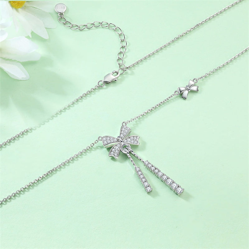 925 Sterling Silver Tassel Bow Pendant Necklace - Elegant Zirconia Accented Collarbone Chain