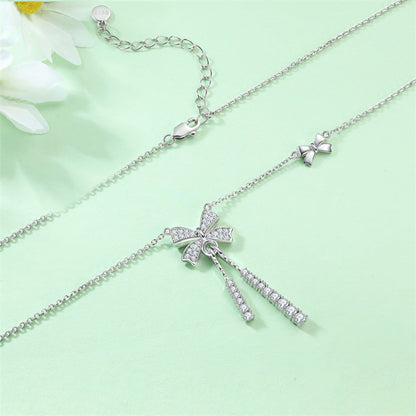 925 Sterling Silver Tassel Bow Pendant Necklace - Elegant Zirconia Accented Collarbone Chain