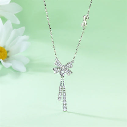 925 Sterling Silver Tassel Bow Pendant Necklace - Elegant Zirconia Accented Collarbone Chain