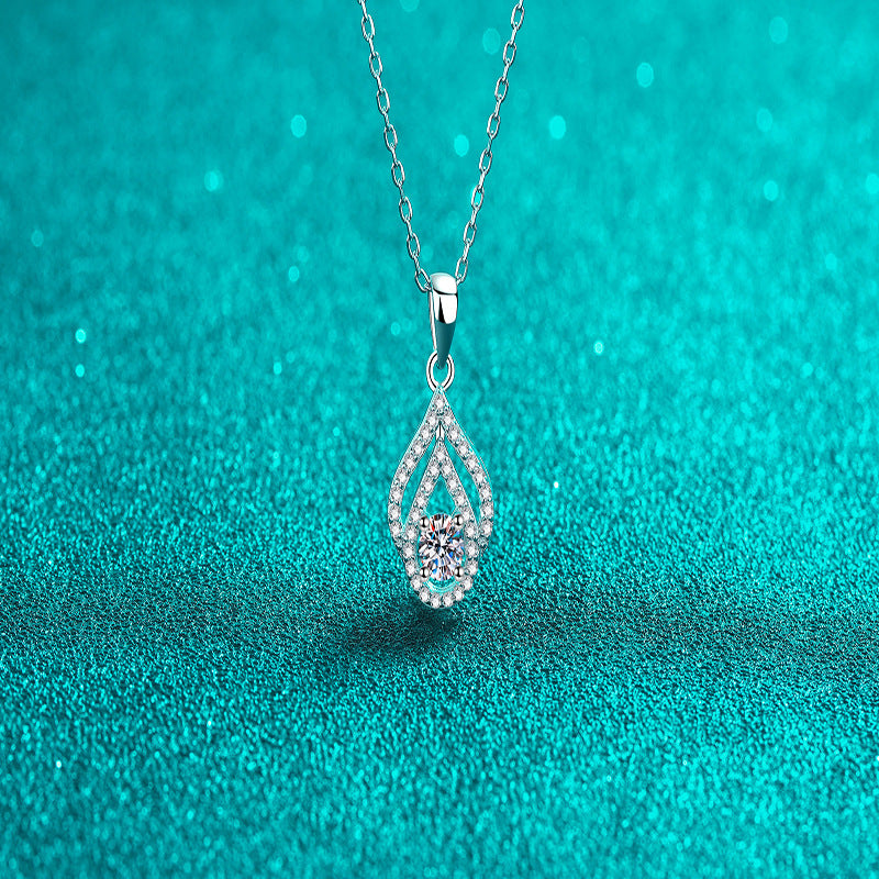 925 Sterling Silver Teardrop Openwork Pendant Necklace - 0.3CT Moissanite Minimalist Chain