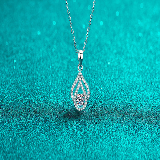 925 Sterling Silver Teardrop Openwork Pendant Necklace - 0.3CT Moissanite Minimalist Chain