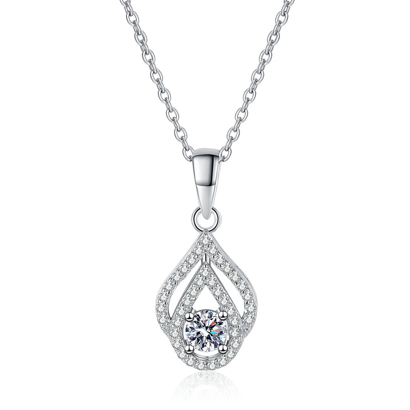 925 Sterling Silver Teardrop Openwork Pendant Necklace - 0.3CT Moissanite Minimalist Chain