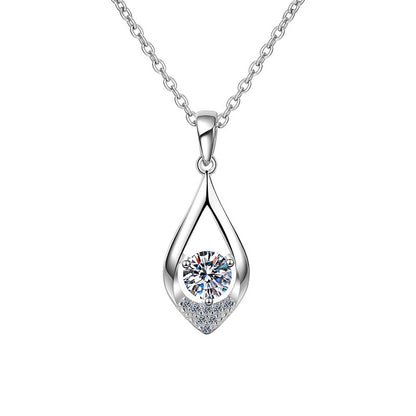 925 Sterling Silver Teardrop Pendant Necklace with 0.5ct/1ct Moissanite & Cross Chain - White Gold Plated Minimalist Jewelry