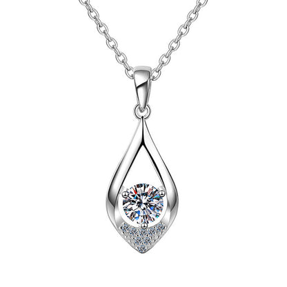 925 Sterling Silver Teardrop Pendant Necklace with 0.5ct/1ct Moissanite & Cross Chain - White Gold Plated Minimalist Jewelry