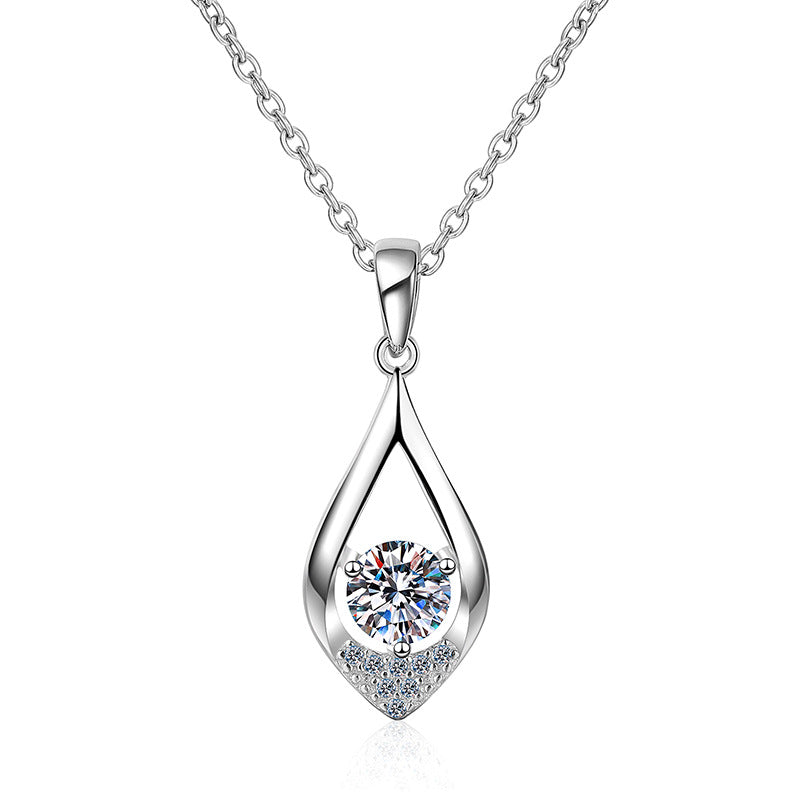 925 Sterling Silver Teardrop Pendant Necklace with 0.5ct/1ct Moissanite & Cross Chain - White Gold Plated Minimalist Jewelry