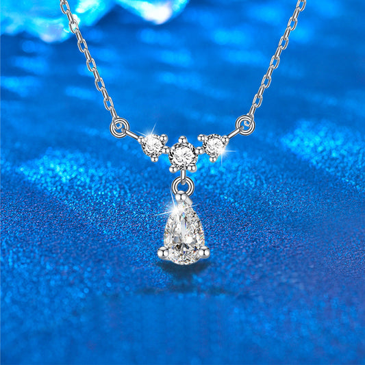 925 Sterling Silver Teardrop Pendant Necklace with 0.8ct Moissanite & Fringe Detailing Rhodium Plated Cross Chain Luxury Jewelry
