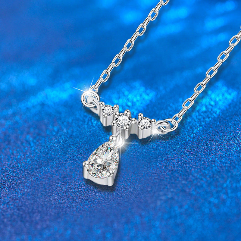 925 Sterling Silver Teardrop Pendant Necklace with 0.8ct Moissanite & Fringe Detailing Rhodium Plated Cross Chain Luxury Jewelry