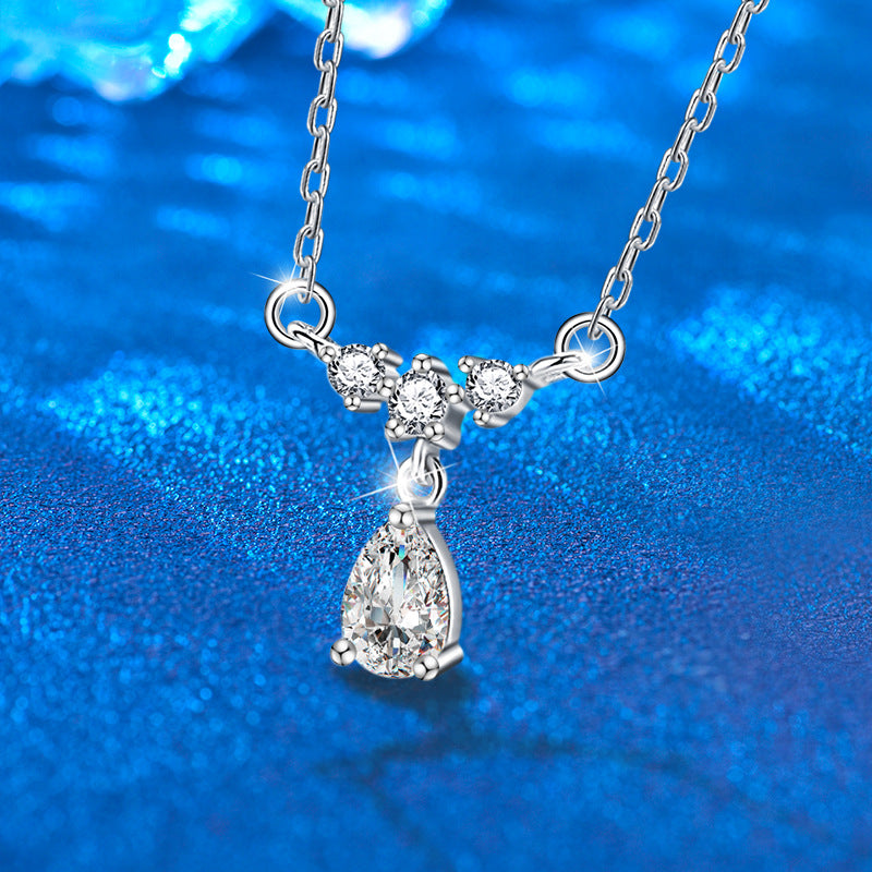925 Sterling Silver Teardrop Pendant Necklace with 0.8ct Moissanite & Fringe Detailing Rhodium Plated Cross Chain Luxury Jewelry