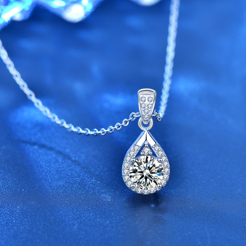925 Sterling Silver Teardrop Pendant Necklace with 1ct/2ct/3ct Moissanite Cross Chain for Women Rhodium Plated