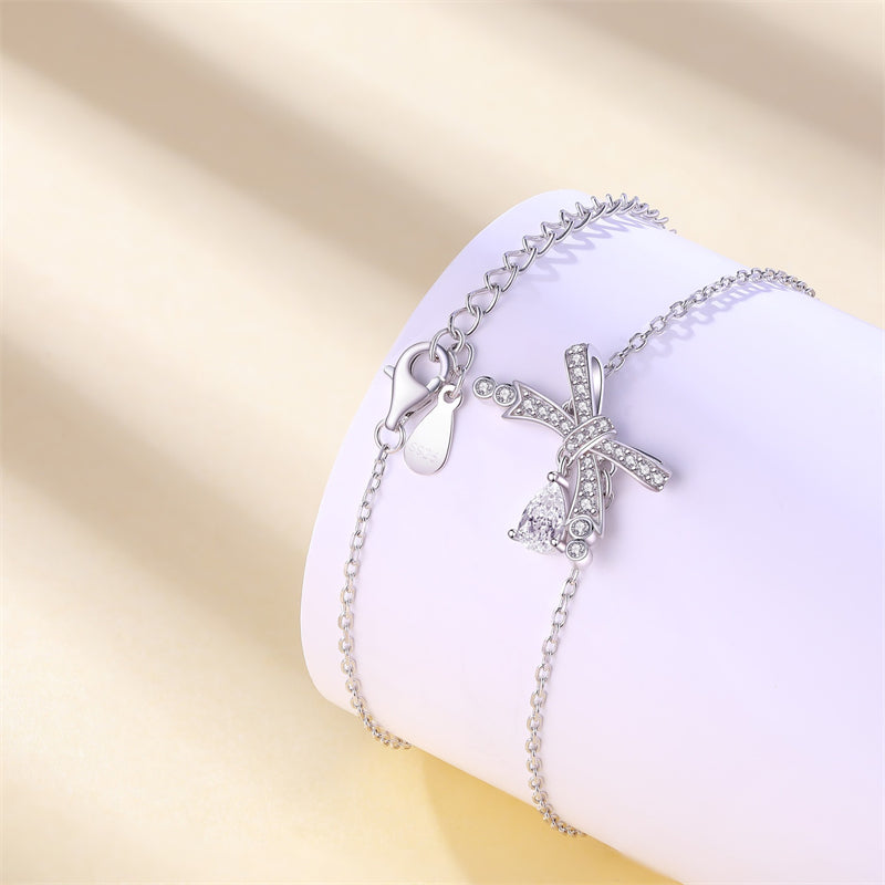 925 Sterling Silver Teardrop & Bow Bracelet - Elegant European-Style Jewelry
