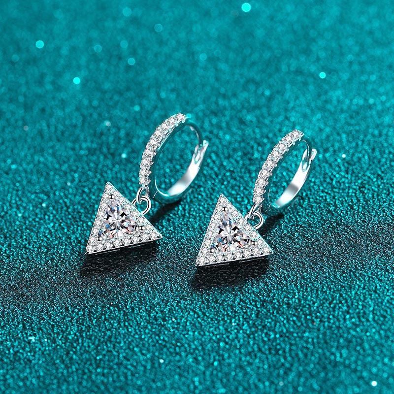 925 Sterling Silver Triangle Moissanite Huggie Hoop Earrings - PT950 Gold Plated (1CT-2CT Options)